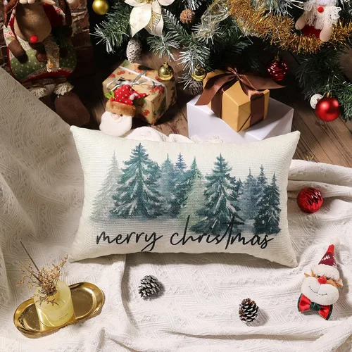 Miniatura 2 de DFXSZ Fundas de almohada de Navidad de 12 x 20 pulgadas Decoraciones de Navidad Acuarela Azul Verde Árbol de Navidad Estilo Rústico Naturaleza