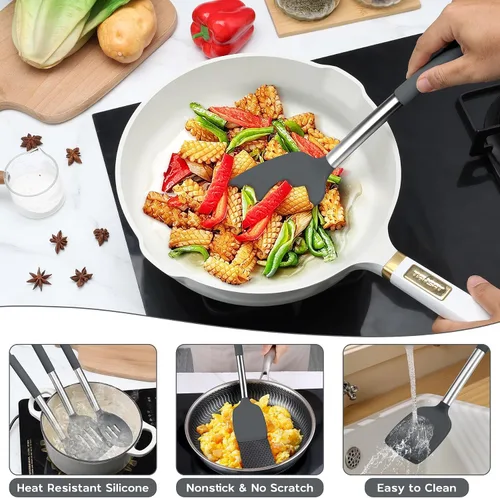 Miniatura 5 de Onader Juego de Utensilios de Cocina de 15, Utensilios de Silicona y Acero Inoxidable Juego de Espátulas con Soporte, Resistente al Calor y Apto Gris