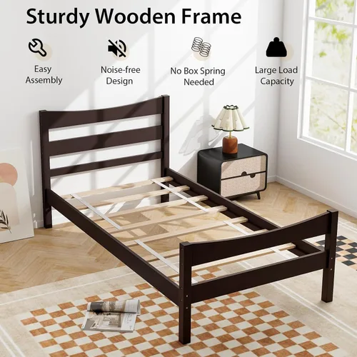Miniatura 5 de Giantex - Marcos de cama individual de madera con cabecero, cama moderna con plataforma y soporte de listones de madera, espacio de almacenamiento