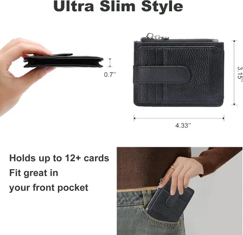 Miniatura 3 de Cartera delgada para mujer, de piel auténtica, tarjetero delgado con bloqueo RFID, carteras pequeñas