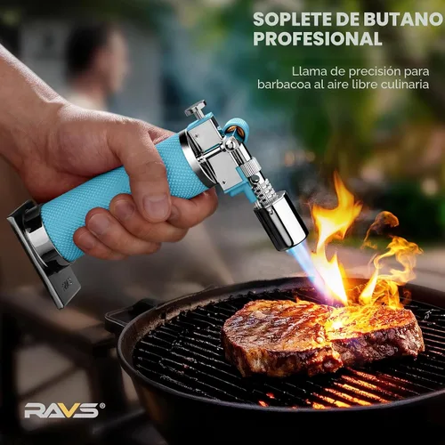 Miniatura 5 de RAVS Encendedor de butano, soplete de cocina recargable con llama ajustable y hebilla de seguridad, mini linterna de metal premium para hornear