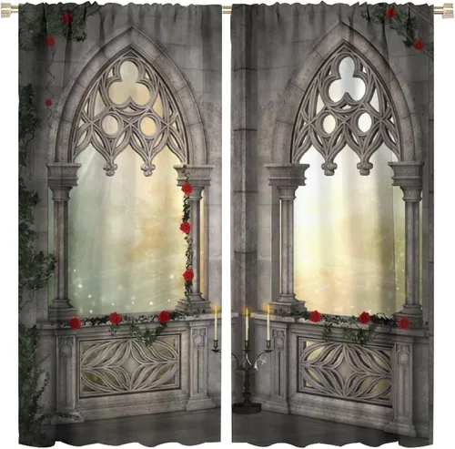 Miniatura 12 de Cortinas góticas con diseño de luna de Halloween, historia, puerta espeluznante, fondo de terror, vela, ficción, patrón de impresión, sala de estar