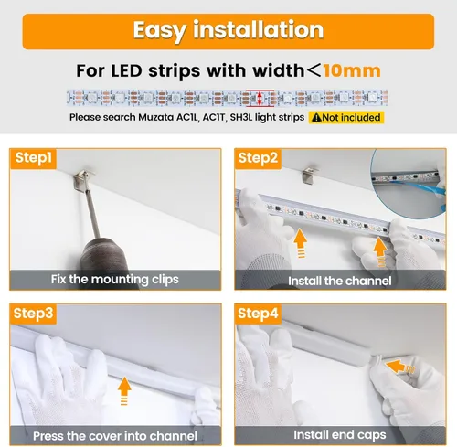 Miniatura 5 de Muzata Paquete de 10 canales LED en forma de V de 6.6 pies/6.6 ft con canal LED de aluminio plateado con cubierta blanca lechosa iluminación