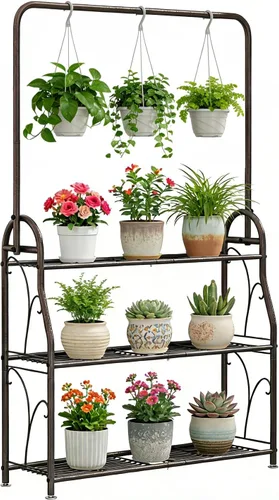 SORCEDAS Soporte para plantas para interiores y exteriores, estante colgante de esquina de 3 niveles de alto, soportes de metal para flores, soporte