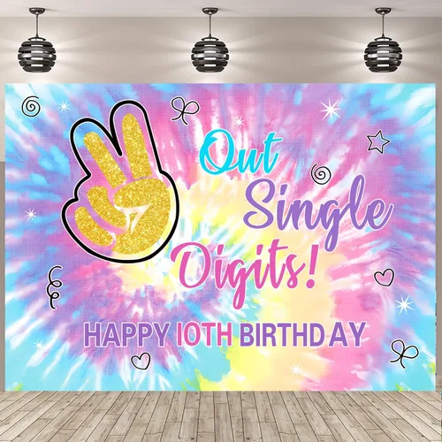 Out - Telón de fondo de un solo dígito de feliz cumpleaños número 10, arco iris, teñido anudado, fondo de fotografía para niñas, decoración de