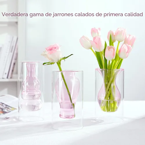 Miniatura 6 de ZENS Florero Pequeño de Flor Rosa Único, Florero de Vidrio Transparente Flotante Doble Hueco, Moderno Jarrón Decorativo Soplado a Mano Fresco