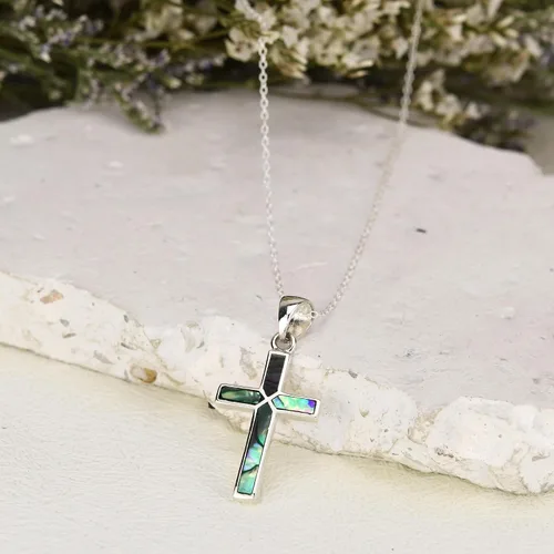Miniatura 2 de AeraVida Collar iridiscente de plata de ley 925 con concha de abol de cruz de fe, 18 pulgadas, Concha