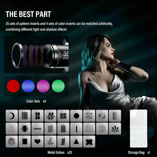 Miniatura 7 de Soonpho Bowens - Kit de montaje óptico Snoot, accesorio de proyección con marco GOBO magnético doble, 25 gobos y 4 filtros de color, para luces LED