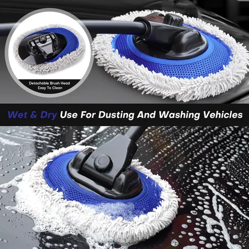 Miniatura 6 de Cepillo de lavado de autos con mango largo Diseño de poste curvado de 15 grados Cabezal de cepillo de microfibra Longitud ajustable Amplias