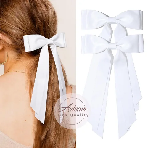 Miniatura 4 de Aileam 2 piezas lazos de cabello de satén sedoso, pinza para cabello, cinta blanca para cabello, sujetador de cola de caballo, accesorios, Blanco