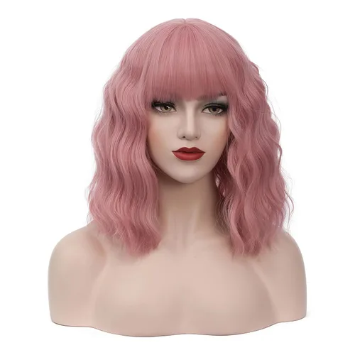 Miniatura 10 de BUFASHION Peluca rizada corta ondulada de 14 pulgadas para mujer, peluca sintética para cosplay, Halloween, peluca con flequillo lateral (negro)