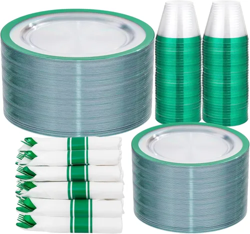 Miniatura 21 de I00000 Juego de 210 platos rojos, platos de plástico transparente y rojo que incluye 60 platos, 30 tazas, 30 servilletas enrolladas con cubiertos