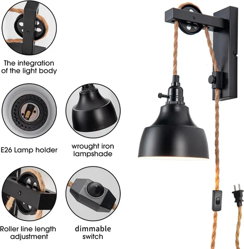Miniatura 7 de Apliques de pared regulables enchufables de 8 pies, lámparas de pared con polea, lámpara colgante vintage, apliques de pared con enchufe e