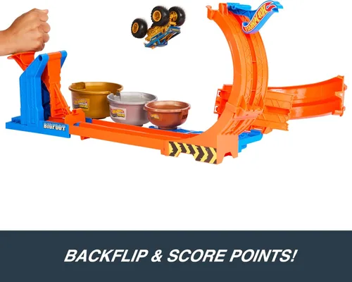 Miniatura 3 de Set de Camiones Juguetes Hot Wheels Monster Trucks y Pista, Juego de Desafío de Trofeo con Bucle y Volteó & Camión Bigfoot Aniversario 50 a Escala