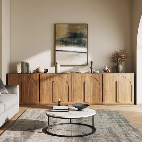 Miniatura 5 de BELLEZE Juego de soporte modular de TV de 4 piezas, centro de entretenimiento moderno con asas anchas de madera, aparadores con estantes ajustables