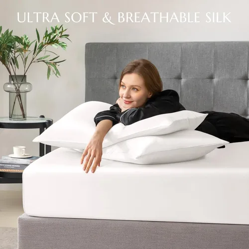 Miniatura 33 de THXSILK Juego de sábanas bajeras de 100% seda de morera, 3 piezas de seda 7A+, transpirable, suave, sábana bajera de 16 pulgadas de profundidad, 2