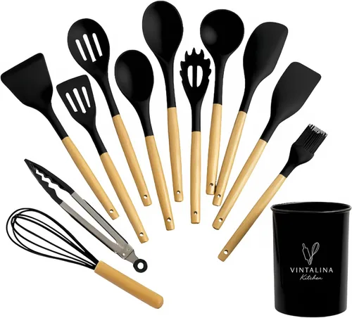 Juego de utensilios de cocina de silicona, sin BPA, no tóxico, antiadherente, resistente al calor hasta 446 °F, asas de madera antiarañazos + Negro
