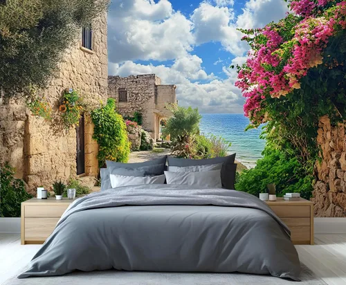 Miniatura 2 de Mural de pared de callejón floral mediterráneo, murales de pared 3D de ciudad mediterránea frente al mar, mural de papel tapiz fotográfico