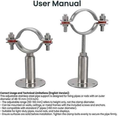 Miniatura 2 de QWORK Soporte de montaje en pared y techo de tubo de diámetro exterior ajustable de 2 pulgadas - Abrazadera de soporte inoxidable para varillas