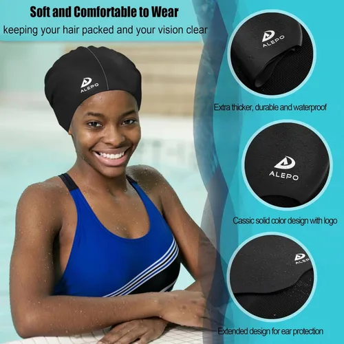 Miniatura 3 de Alepo Gorro de natación extra grande para mujeres y hombres, sombrero de natación de silicona duradera con protección para los oídos, unisex