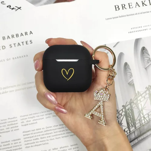 Miniatura 6 de Compatible con AirPods 4 Cover 2024, funda de silicona suave con patrón de corazón dorado para 4ª generación, llavero de letra A-Z con diamantes