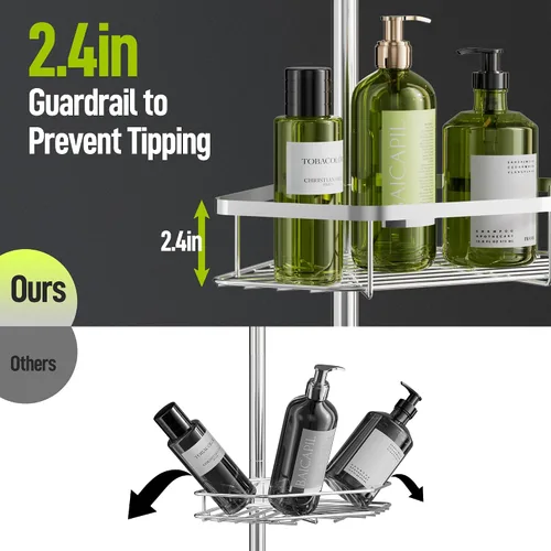 Miniatura 6 de LAMU Bastón de tensión de esquina para ducha, organizador de ducha de acero inoxidable, resorte fuerte, 5 almohadillas adhesivas, base de rejilla