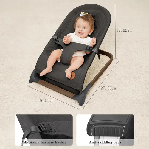 Miniatura 5 de ANGELBLISS Bouncer para bebés, asiento inflable portátil para bebés, asiento hinchable con tela de algodón, vibraciones naturales (antracita)