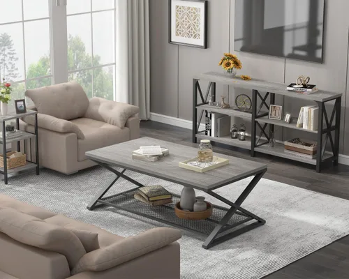 Miniatura 7 de LVB Mesa de Centro Gris, Mesa Central de Madera y Metal Estilo Granja con Almacenamiento para Sala de Estar, Mesa de Cóctel y Té Rectangular