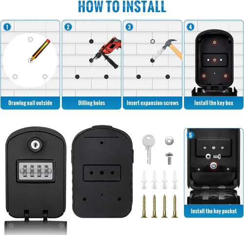 Miniatura 8 de Caja de seguridad para llaves con código, caja de bloqueo de llave de gran capacidad para montaje en pared exterior, resistente al agua, combinación