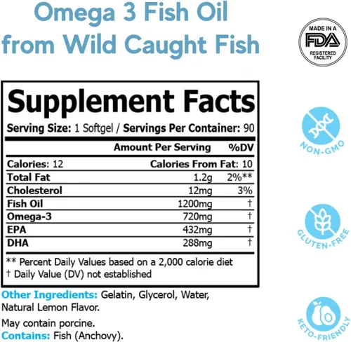 Miniatura 5 de Suplemento de aceite de pescado Omega-3 - Sabor a limón, sin eructos a pescado - 1200 mg de alta potencia EPA DHA - Suministro para 90 días