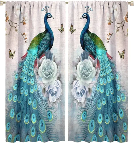 Miniatura 58 de Cortina opaca con estampado de pavo real, con estampado de animales retro, con bolsillo para cortinero y flores de peonía doradas, para dormitorio