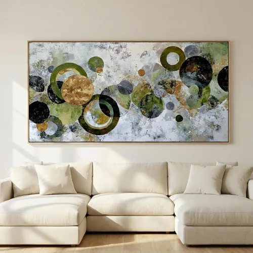 Miniatura 4 de JLXART Lienzo abstracto enmarcado, arte para la pared, moderno círculo verde dorado y negro, pintura colorida, obra de arte texturizada, lista