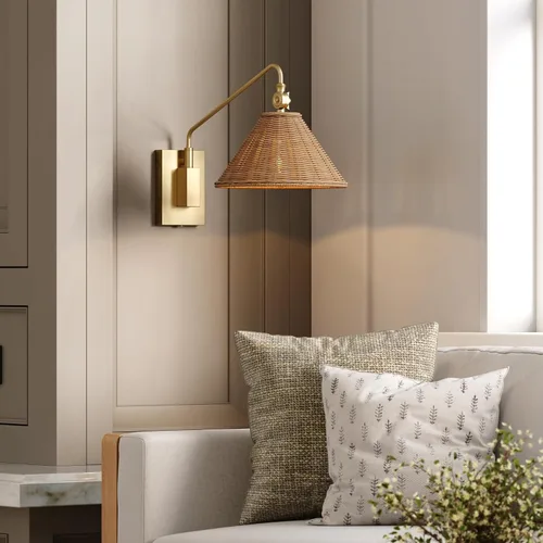 Nathan James Celeste - Lámpara de pared de ratán, moderna lámpara de pared para casa de campo, lámpara de lectura para mesita de noche con pantalla