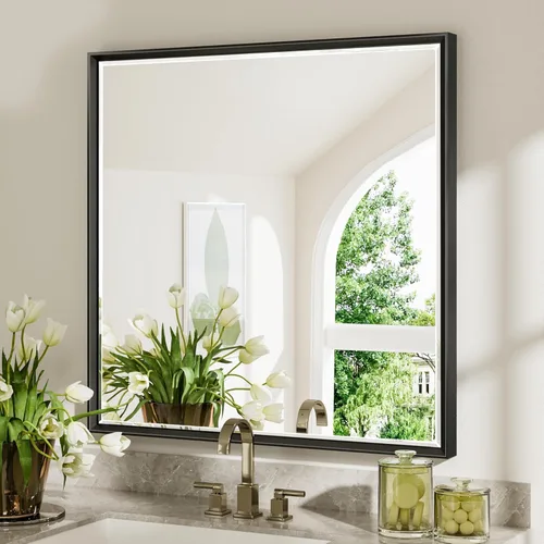 Miniatura 20 de Espejo de baño negro, espejo de baño biselado de 16 x 24 pulgadas para pared, espejo con marco negro antioxidante para decoración de baño, sala