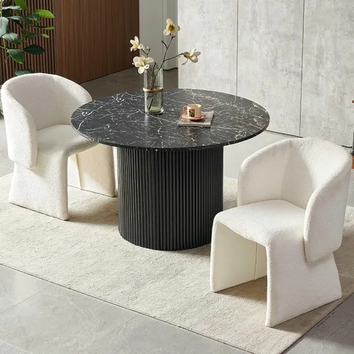Miniatura 15 de Homedot Juego de mesa de comedor de 3 piezas para 2, mesa de cocina redonda de 47" y sillas de comedor tipo barril tapizadas en marrón, juego