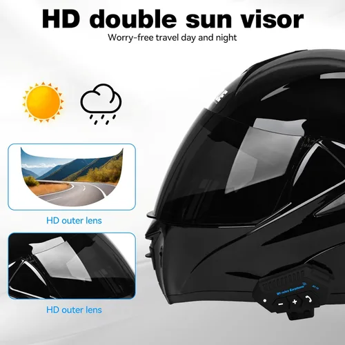 Miniatura 4 de Casco modular de motocicleta Bluetooth aprobado por DOT/ECE de cara completa, abatible, antivaho, doble visera, casco con altavoz dual integrado