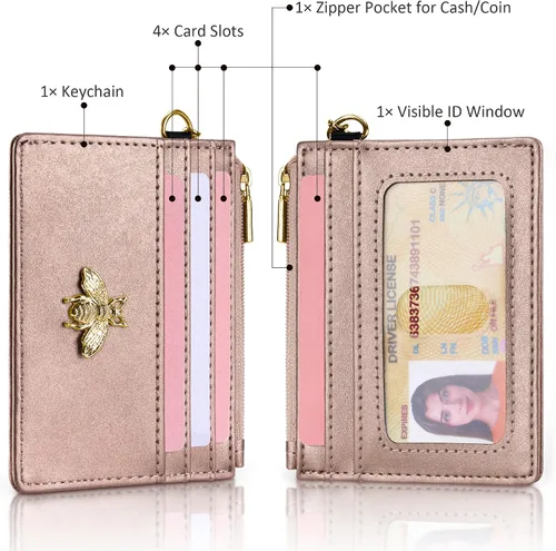 Miniatura 22 de SEAVILIA Tarjetero llavero cartera para mujer con ventana de identificación RFID monedero regalo abeja delgada minimalista pequeña cartera