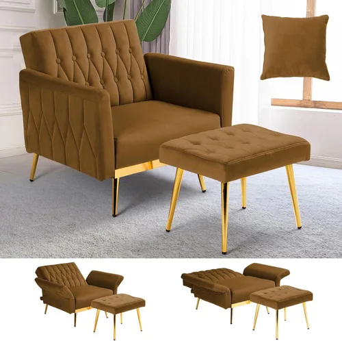 Miniatura 21 de Silla de terciopelo Accent con apoyabrazos y respaldo ajustables, sillón de ocio con botones acolchados, sillón reclinable individual con otomano