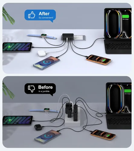 Miniatura 7 de Bloque de Carga Rápida, Cubo de Estación de Carga GaN de 6 Puertos USB C, Cargador de Pared de 100W de Tipo C de Múltiples Puertos con Enchufe