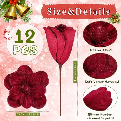 Miniatura 2 de 12 piezas de flores de pascua de Navidad grandes de terciopelo con cabezas grandes de flores de magnolia artificiales con purpurina para decoración