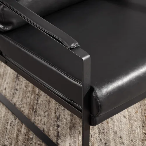 Miniatura 6 de Art Leon Silla de acento moderna de mediados de siglo, de piel sintética, con patas de metal negro, silla lateral única de salón para sala de estar