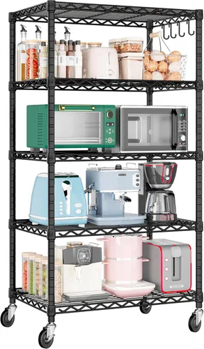 PrimeZone Estantería de alambre con ruedas, estantes de almacenamiento de metal resistente de 5 niveles ajustables con certificación NSF,