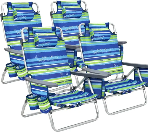 Goplus Silla de playa, mochila plegable para adultos, sillas de playa con posiciones ajustables, almohada para la cabeza, bolsa refrigeradora,