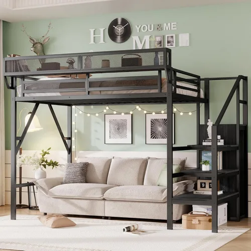 Miniatura 12 de KEIKI Base de cama de metal tamaño individual con escalera convertible, estantes de almacenamiento integrados y armario, cama alta con listones
