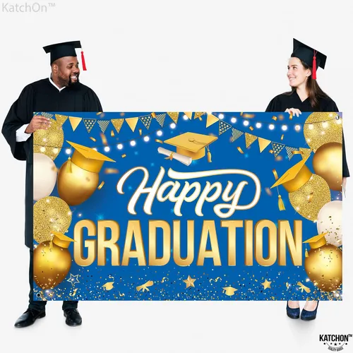Miniatura 5 de Katchon, Cartel de feliz graduación dorado y azul – Xtralarge, 72 x 44 pulgadas Fondo de graduación 2026, decoraciones de graduación clase de 2026