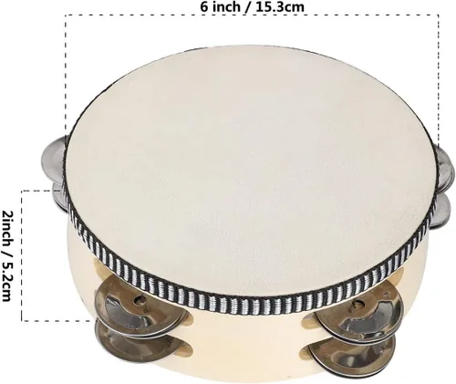 Miniatura 3 de LIEKE Pandereta de 6 pulgadas de piel de cabra tambor de mano con 4 pares de jingles de metal de doble fila para iglesia, música, aula, baile