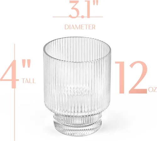 Miniatura 2 de GLASSIQUE CADEAU Vasos de cóctel vintage Art Deco acanalados, juego de 4, vasos dobles de cristal de 12 onzas para beber whisky clásico, ginebra