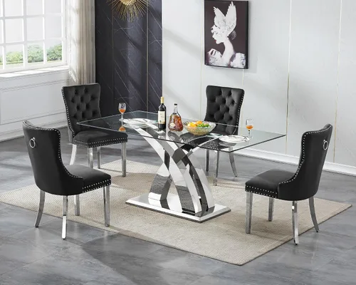 Miniatura 20 de Juego de mesa de comedor de cristal plateado moderno de 70 pulgadas para 4, juego de mesa de comedor rectangular de 5 piezas con patas de acero