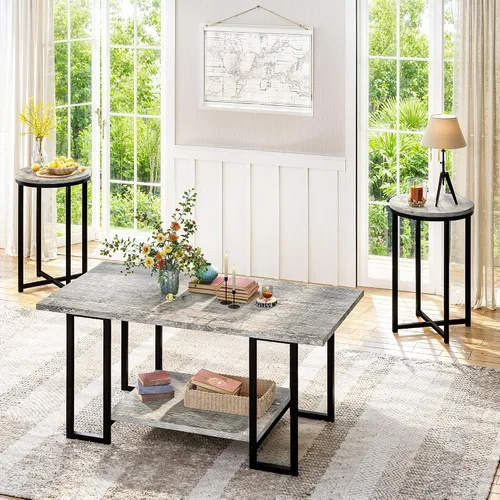 Lamerge Juego de 3 mesas para sala de estar, mesa de café de mármol sintético con 2 mesas auxiliares redondas, juego de mesa de café con estructura