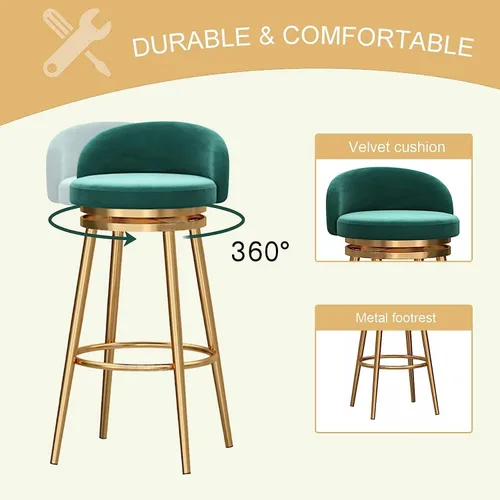 Miniatura 5 de Juego de taburetes de bar giratorios Verdes modernos con respaldo y reposapiés, sillas de cocina ajustables para comedor en isla.